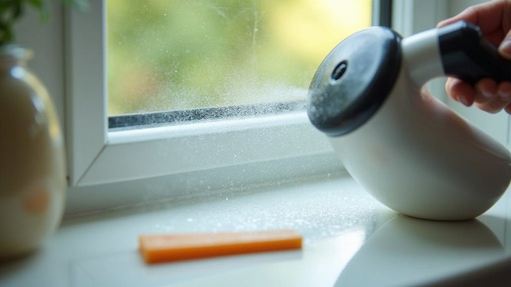Handheld steamer softening adhesive on residential glass before peeling old plastic film