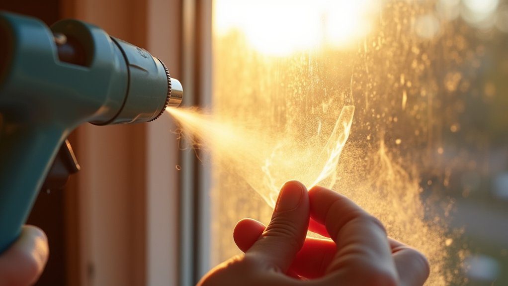 Hands using a heat gun to soften and peel old plastic film from architectural glass