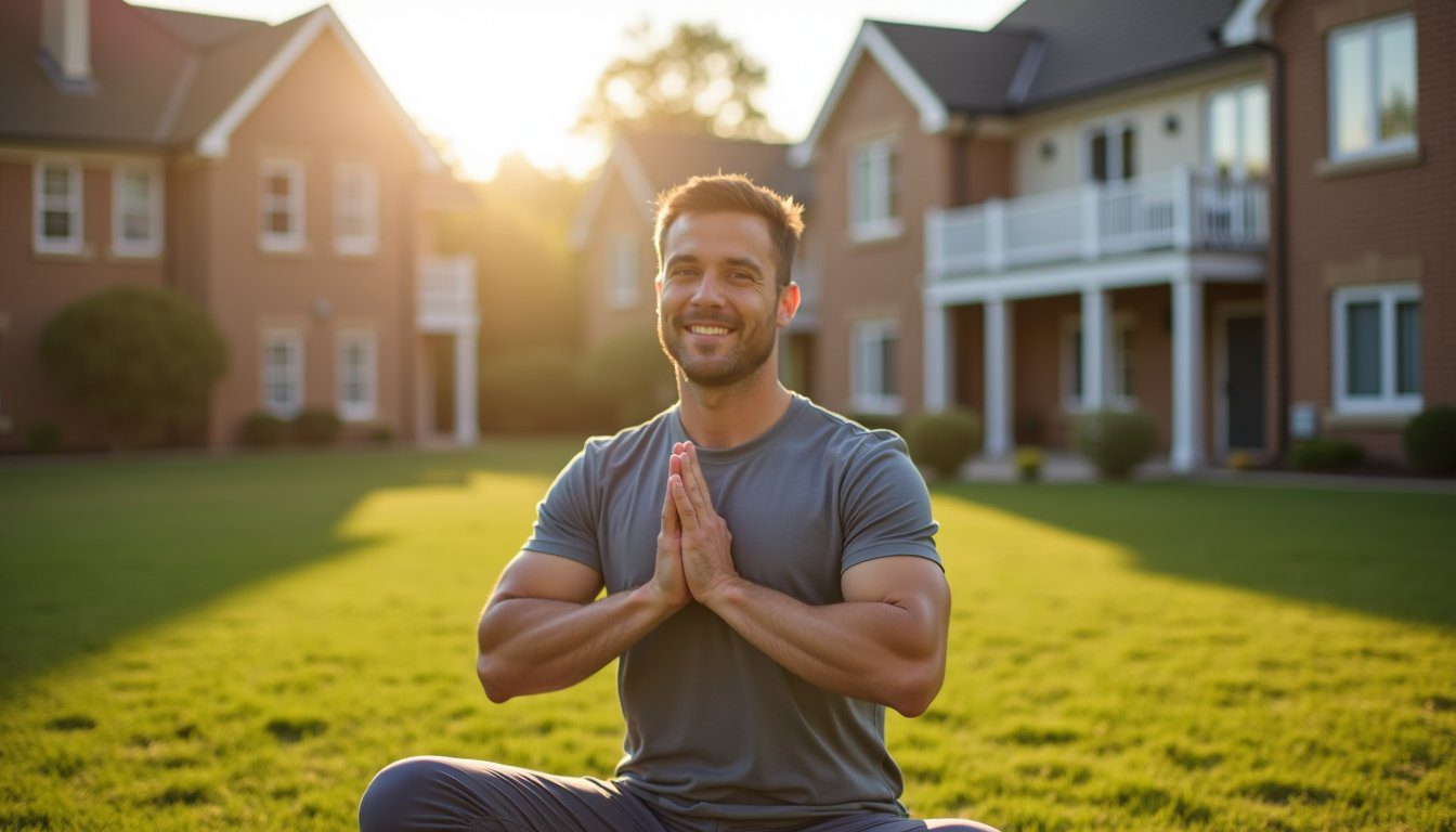 Man sitting outdoors of an inpatient facility folding his hands like praying and smiling