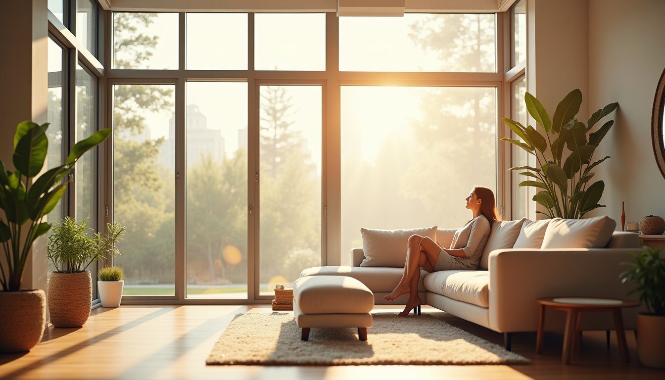 Natural light softly filtered through treated floor-to-ceiling windows