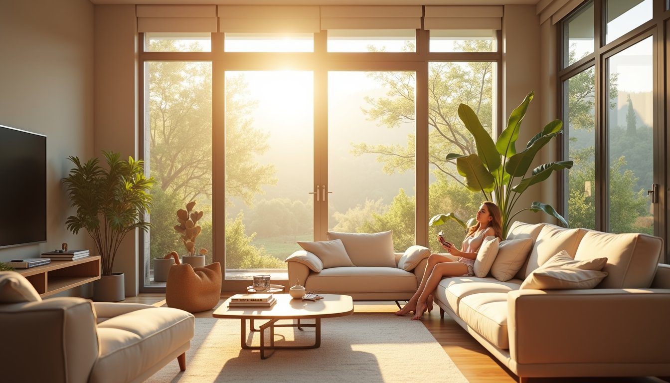 Stylish contemporary living room with energy-saving window film installed