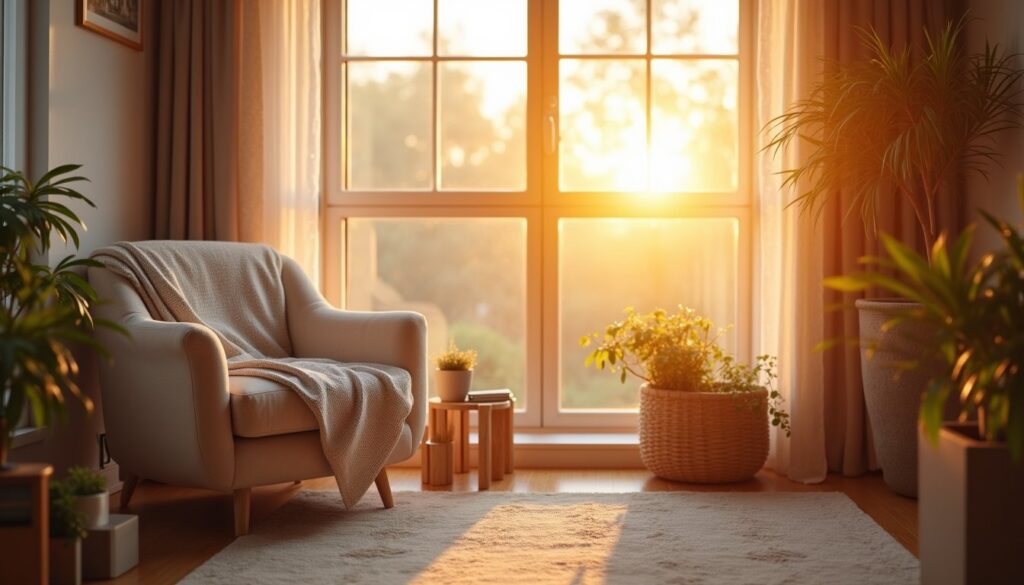 Contemporary lounge with treated windows and warm natural tones