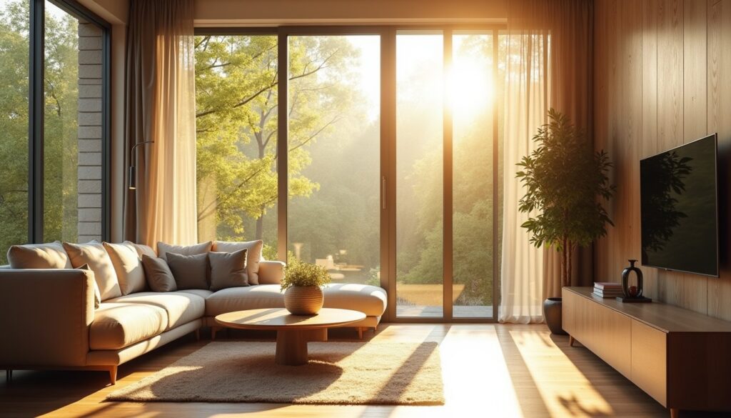 Bright home interior with energy-efficient window film and soft natural light