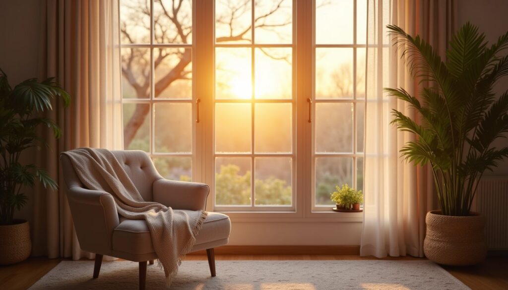 Golden hour sunlight filtered through heat control film in modern living room