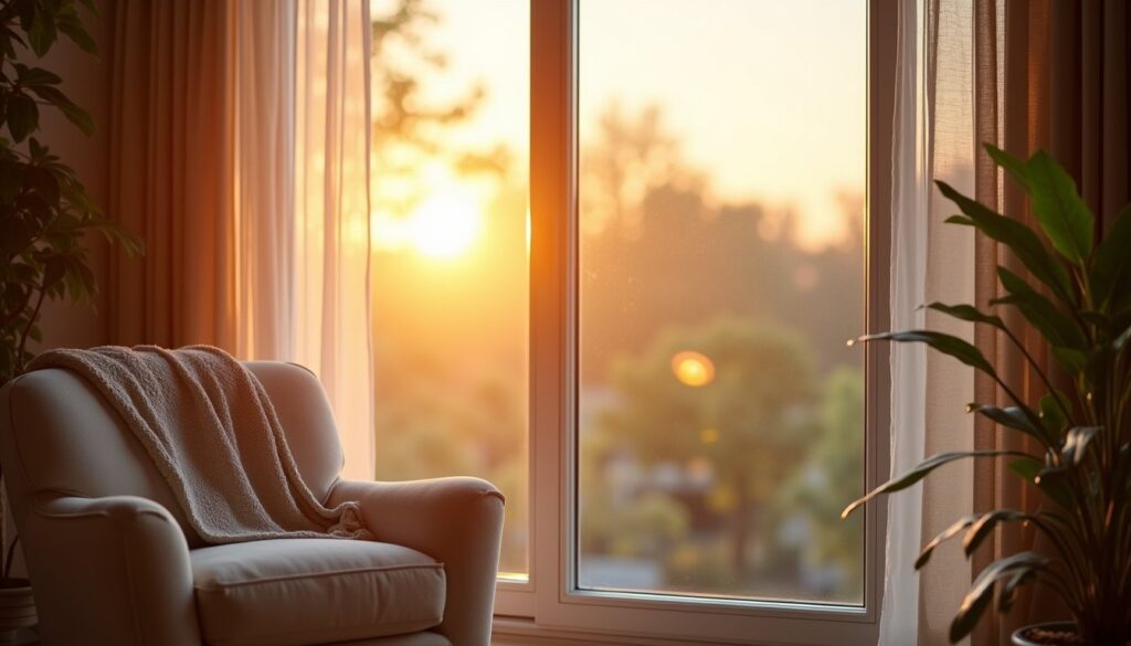 Modern living room glowing with soft golden hour light and reduced glare