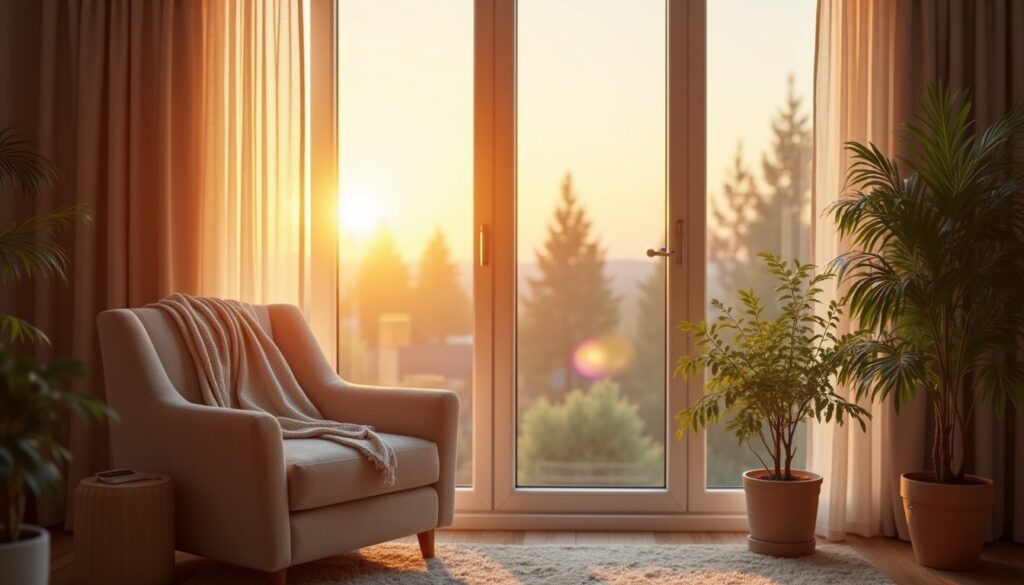 Neutral-toned living room enhanced by energy-saving window treatment