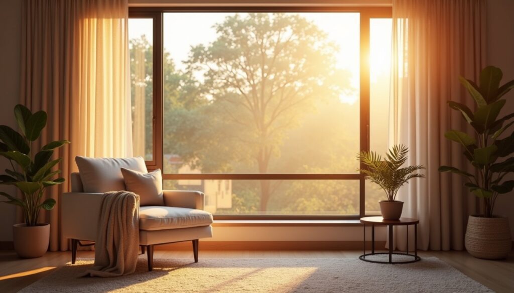 Serene golden hour living room with energy-efficient window film