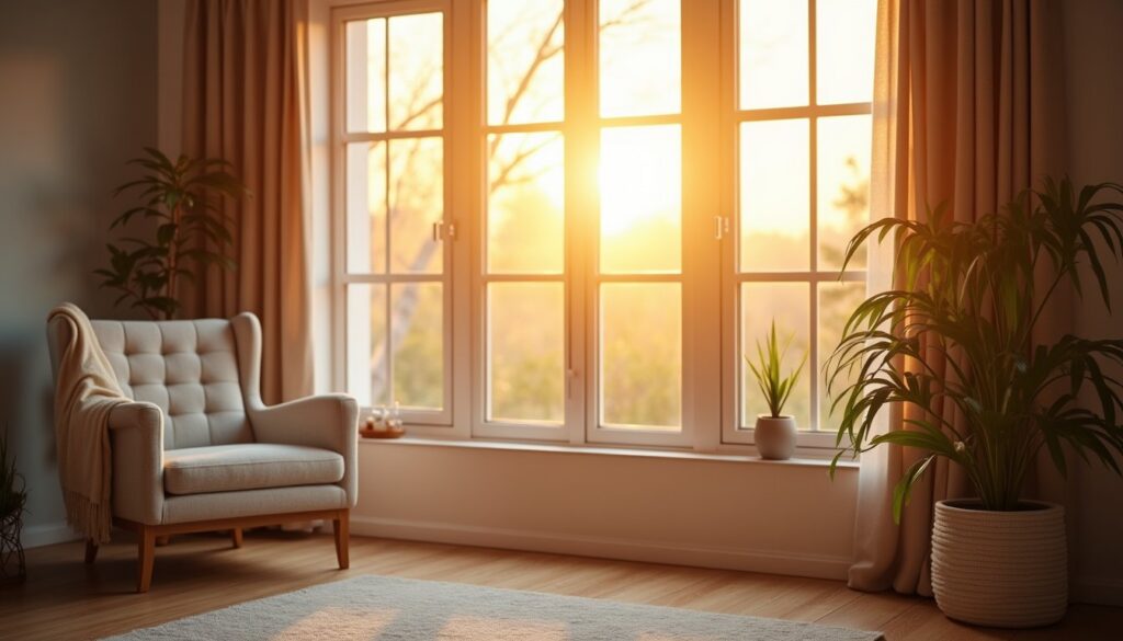 Heat control film diffusing sunset light in elegant living space