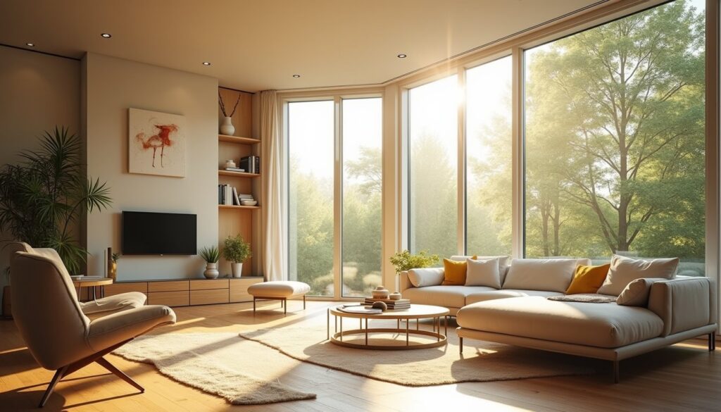 Sunlit modern living room with energy-saving window film and large panoramic windows