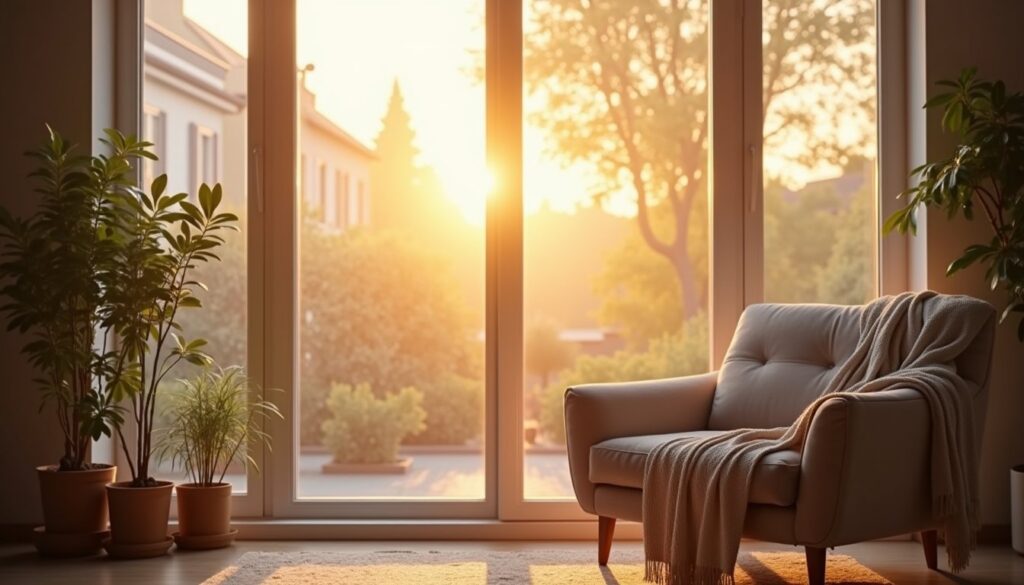 Cozy armchair and throw blanket in softly lit modern home