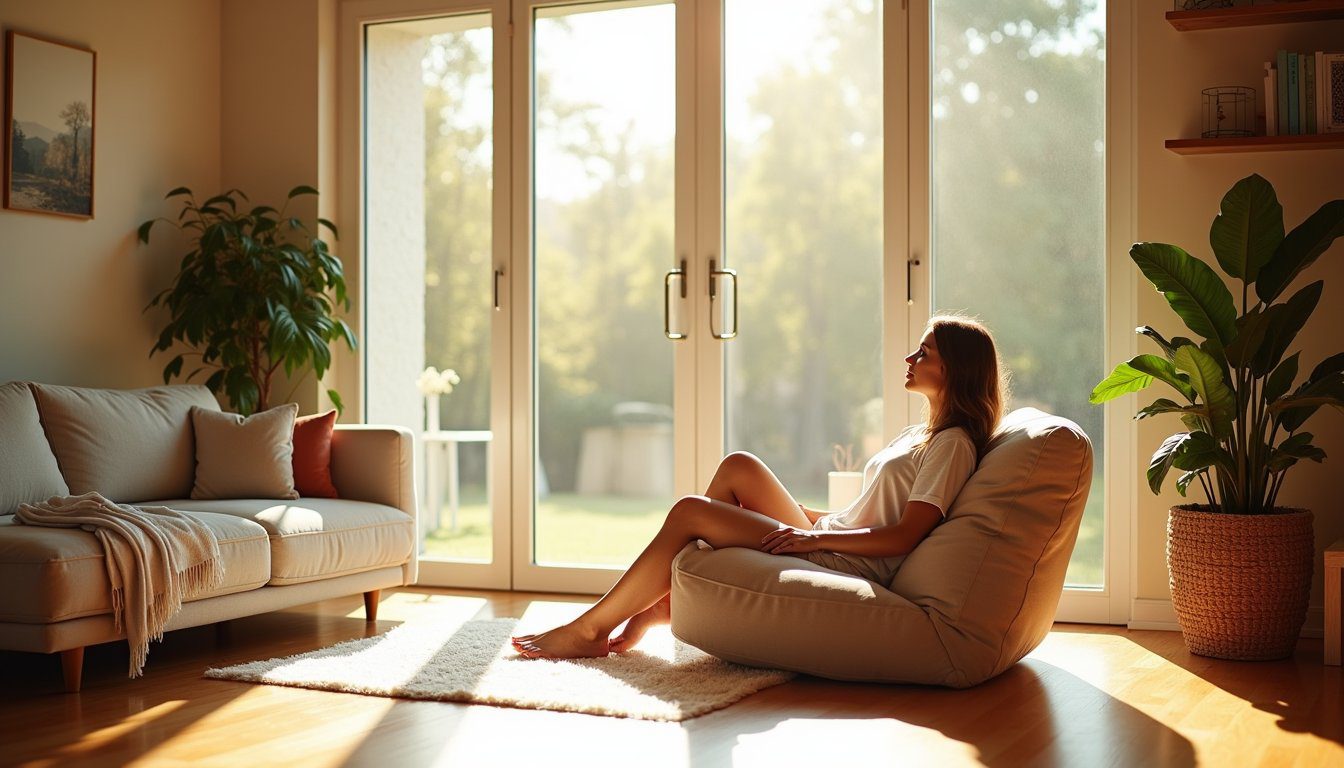 Woman seated on sofa in softly lit room with solar control window film