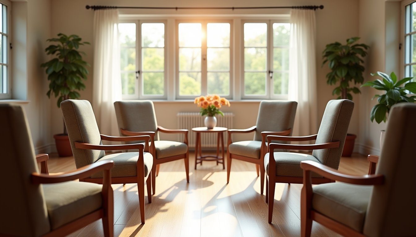 four chairs placed in circle in an inpatient facility for group discussion