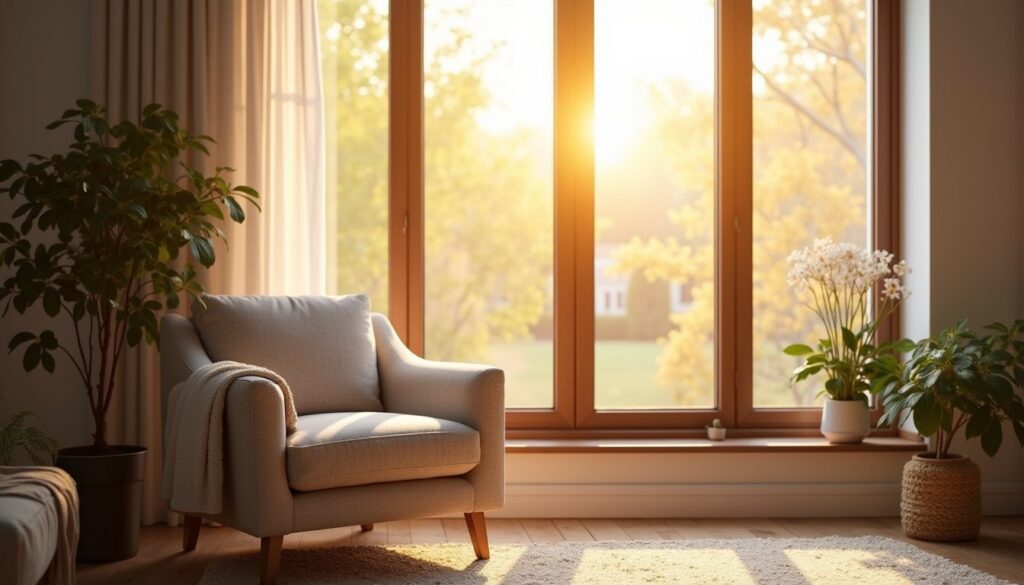 Peaceful residential interior with heat control window film at sunset