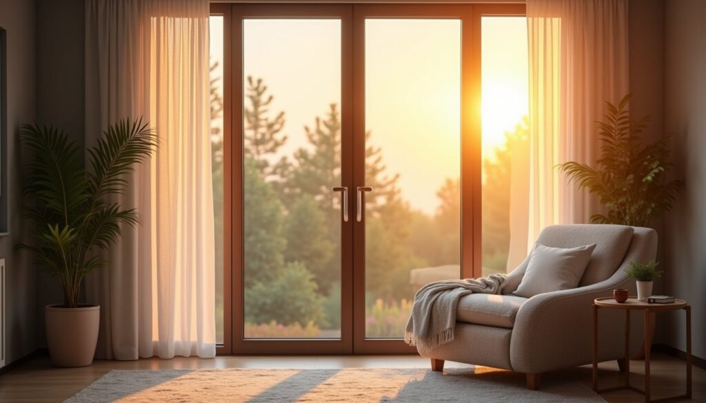 Minimalist modern lounge with soft filtered sunset tones