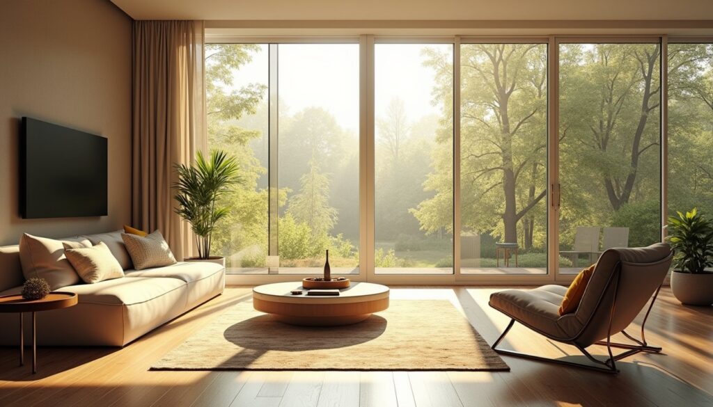 Modern home interior with sunlight filtered through advanced window film