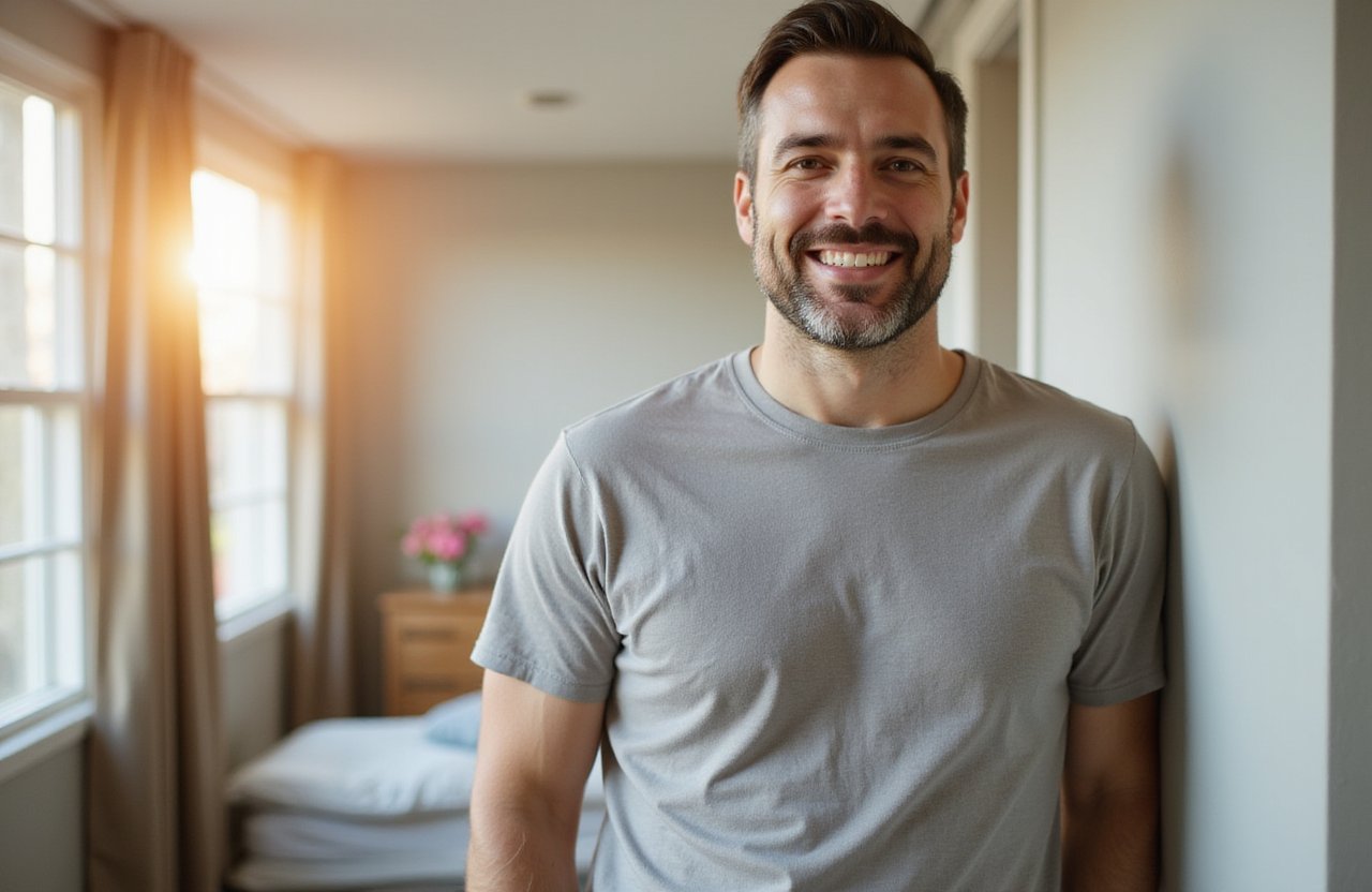 A man smiling at the camera inside an inpatient facility
