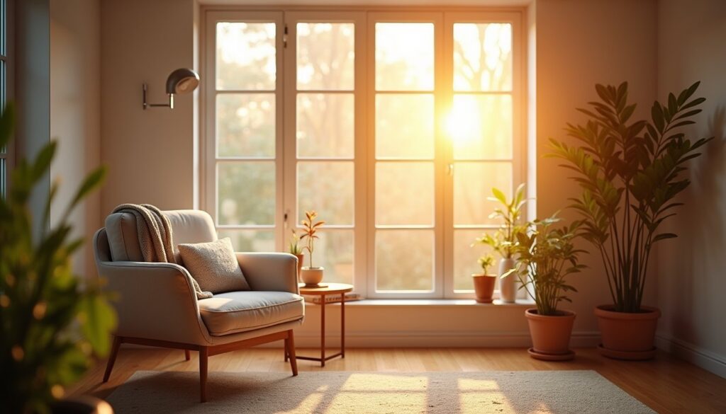 Inviting living room with filtered sunlight and indoor plants