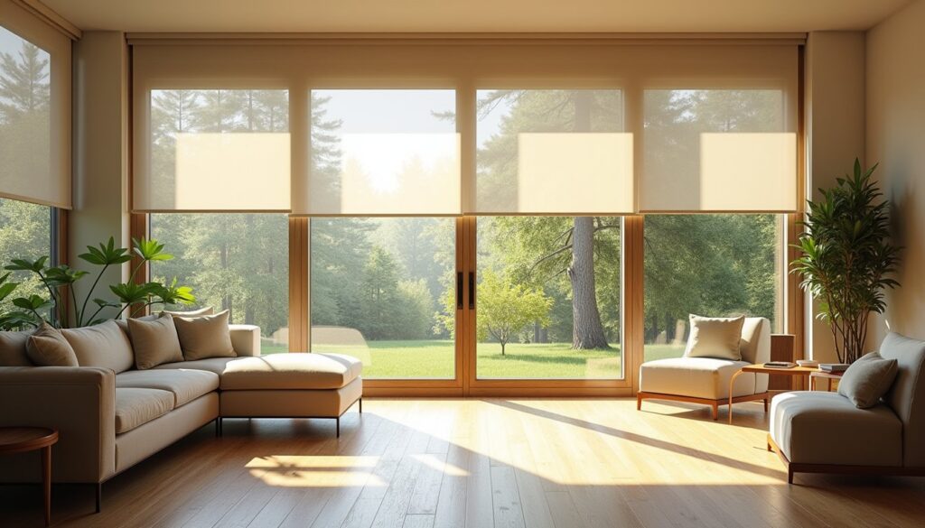 Large glass windows with energy-saving treatment in stylish home setting