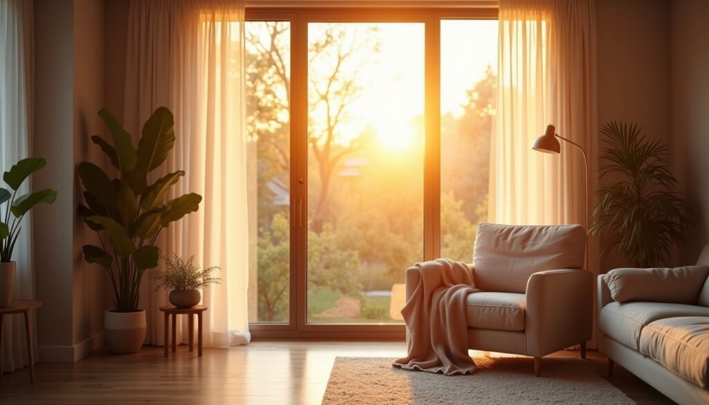 Neutral armchair bathed in warm filtered sunlight through energy-efficient glass