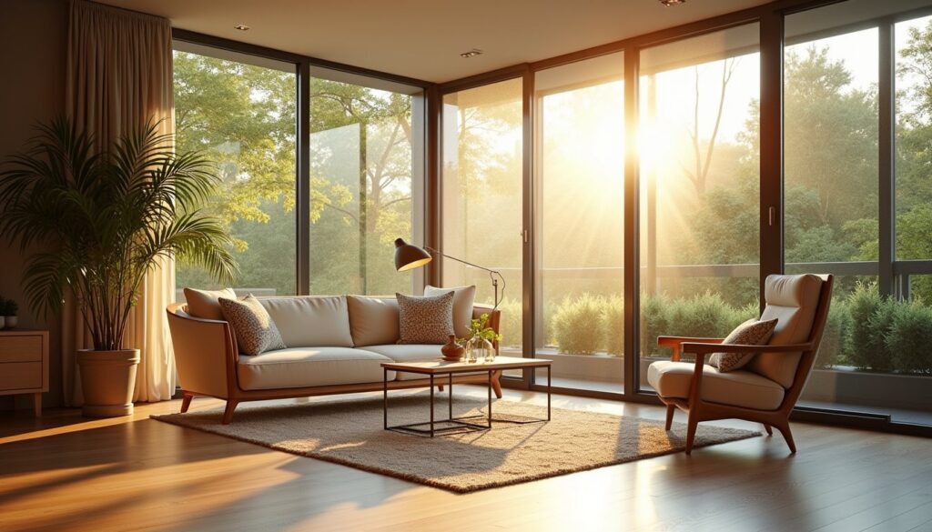 Stylish living room featuring glare-reducing window film and balanced warm and cool tones