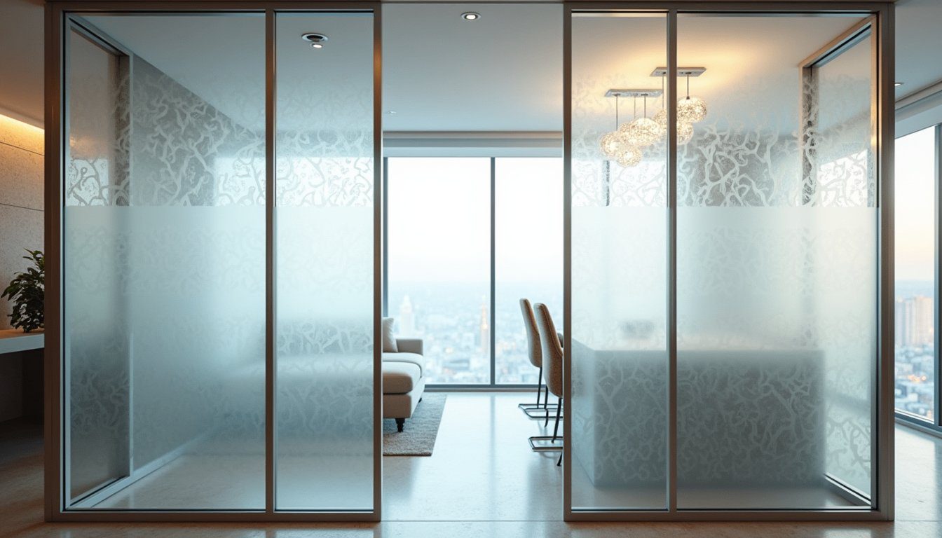 Elegant home office with glass partition and custom frosted detailing