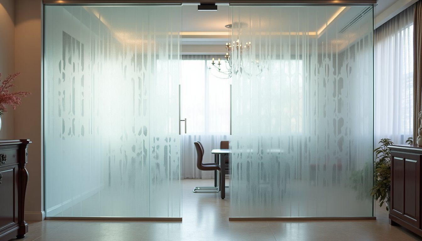 Stylish interior design featuring a translucent patterned glass divider