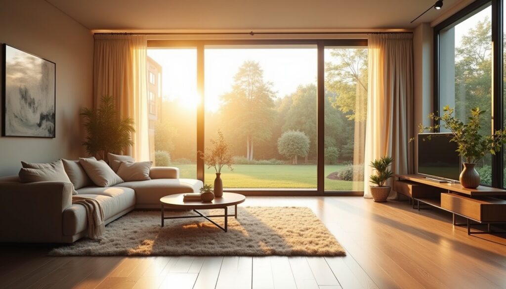 Minimalist interior with large windows fitted with high-performance film