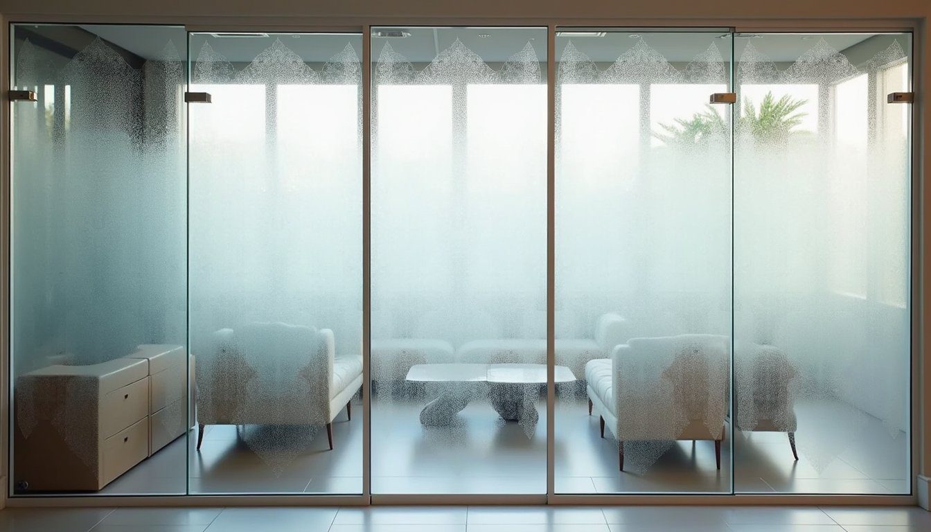 Luxury home interior featuring a glass divider with artistic frosted design