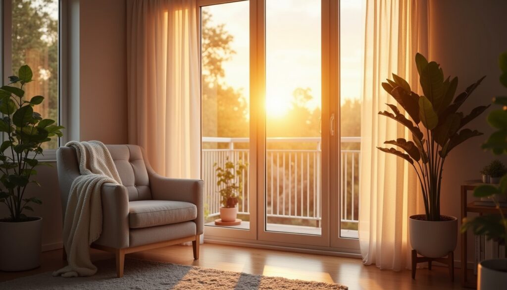 Stylish living room with treated windows and soft evening light