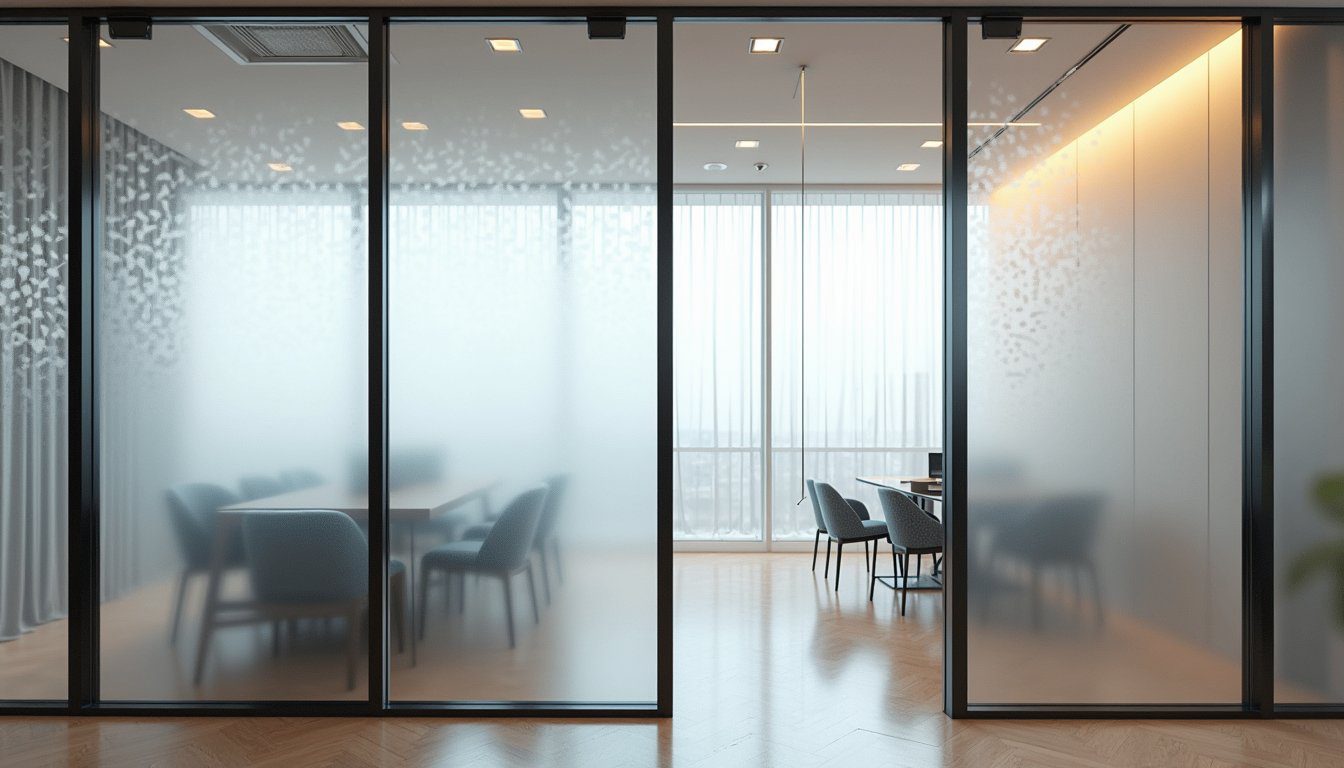 Stylish glass room divider with intricate frosted window film pattern