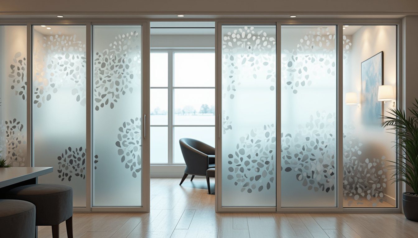 Beautiful glass partition with decorative frosted window film in a chic modern workspace