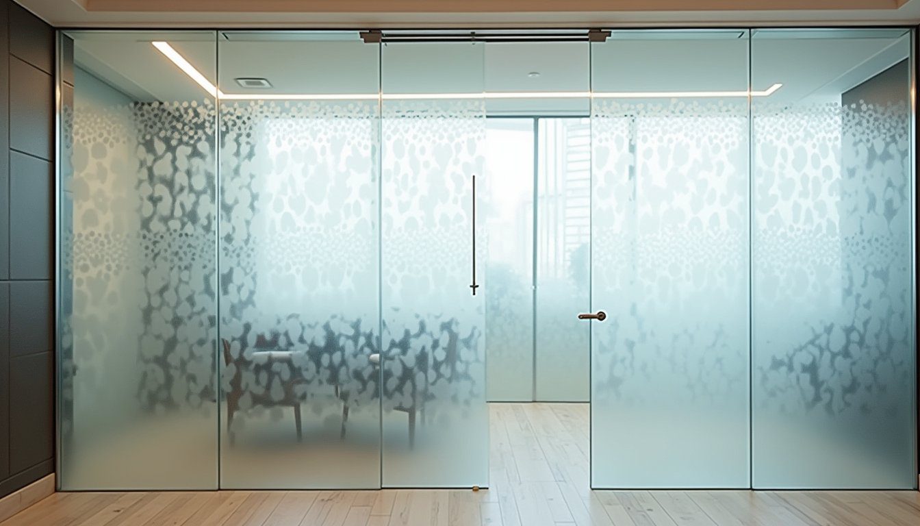 Chic workspace showcasing a frosted glass partition with elegant detailing