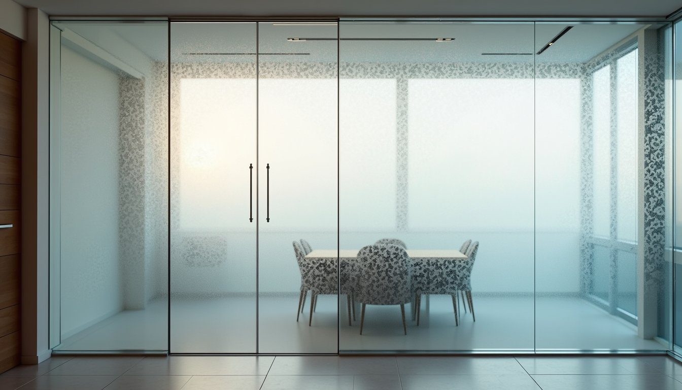 Architectural glass wall with artistic frosted design in luxury setting