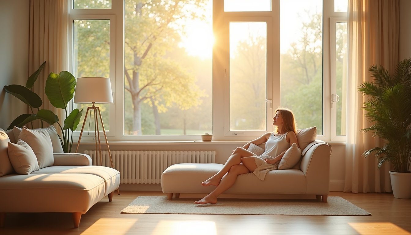 Contemporary living space with heat-reducing window treatment and neutral decor
