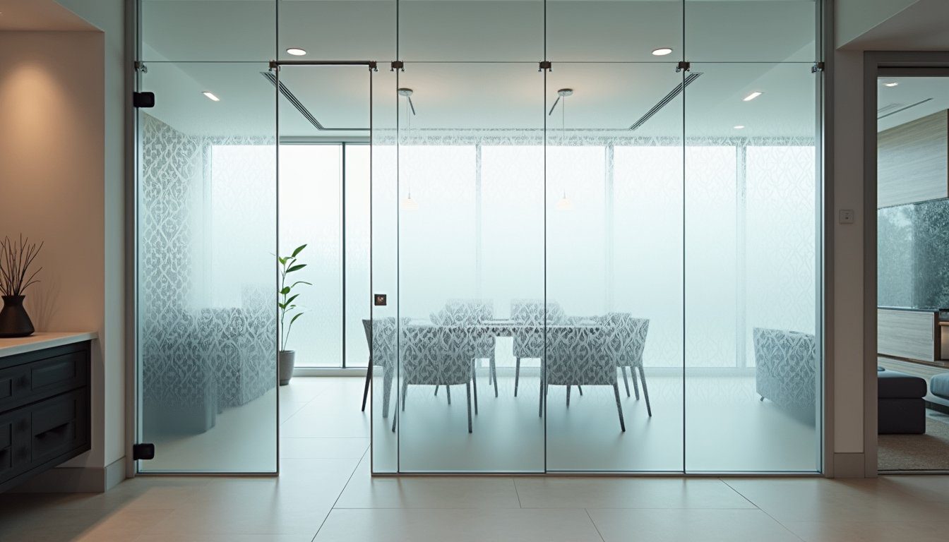 Modern office space with decorative frosted glass partition and soft lighting