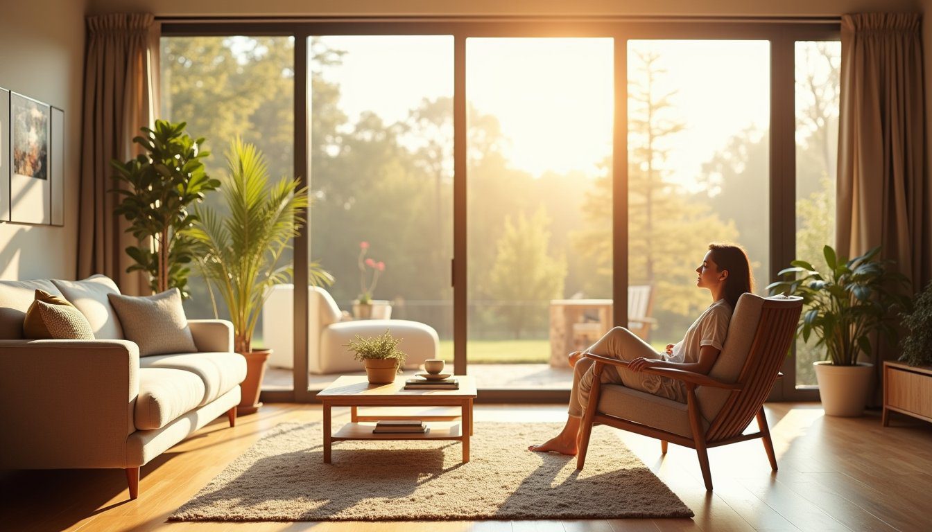 Modern interior with expansive windows diffusing sunlight evenly