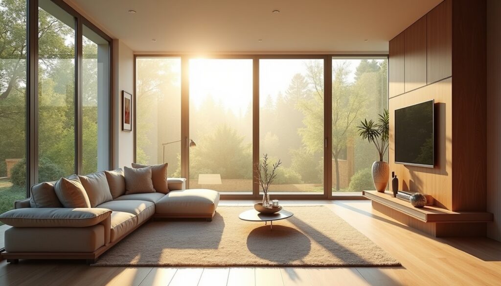 Elegant living room with energy-saving window tint and outdoor garden view