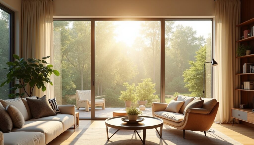 Comfortable stylish living room with energy-saving glass window solution