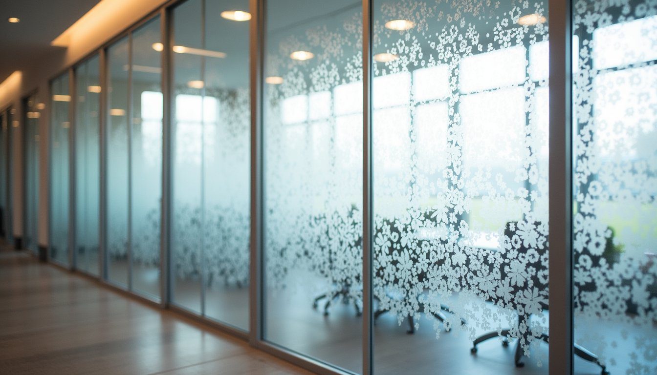Elegant glass wall with patterned frosted film softly diffusing natural light