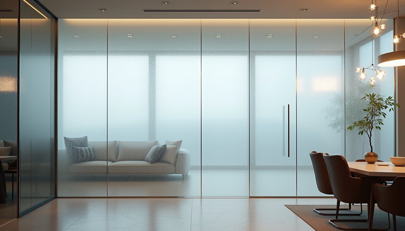 Softly lit interior highlighting decorative frosted glass panel