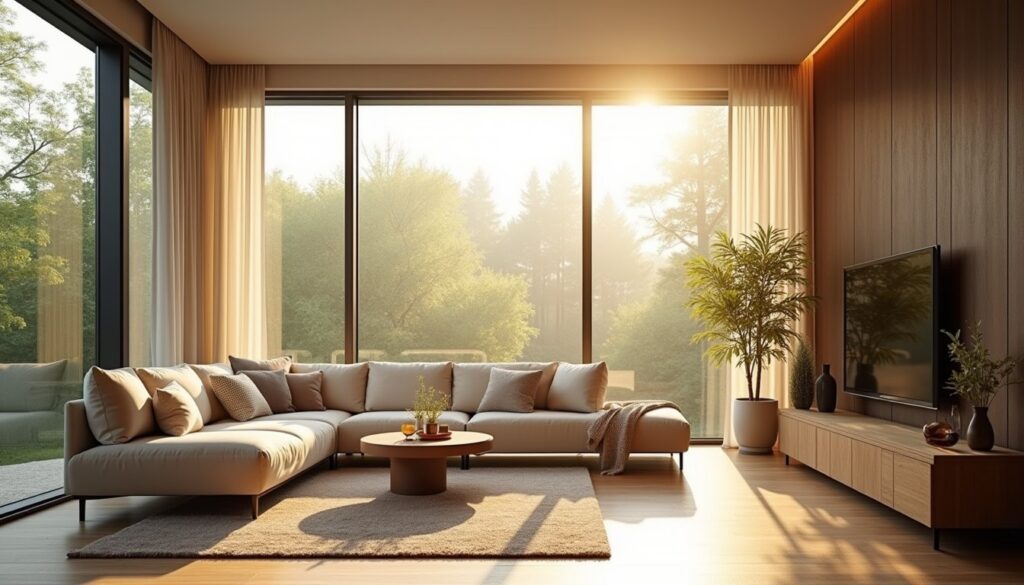 Modern living space with large treated windows and greenery visible outside