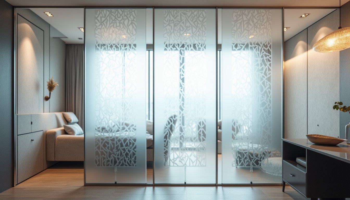 Designer glass panel with decorative film creating soft ambient light
