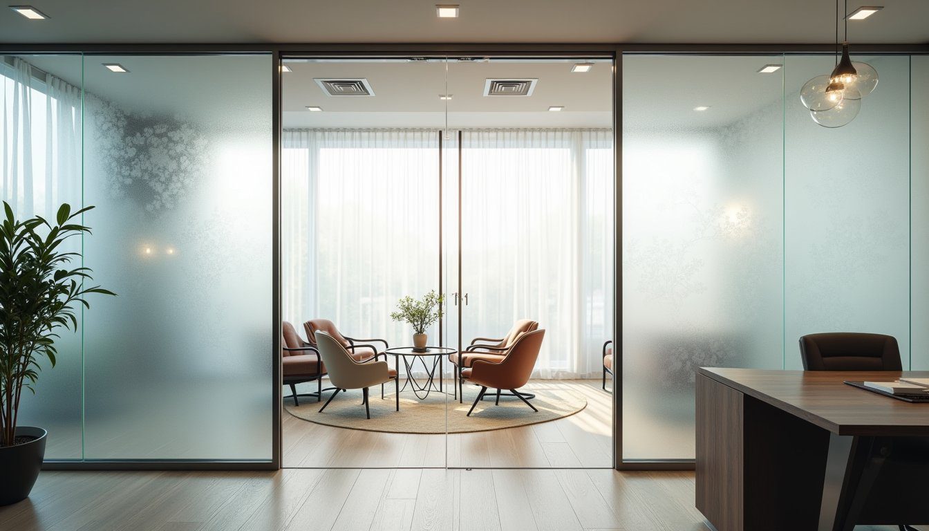 Contemporary glass partition with privacy film in a sophisticated workspace