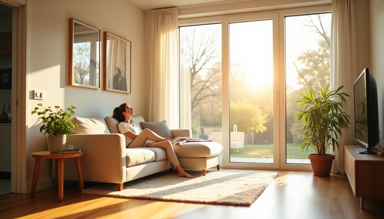 Elegant living room with treated glass windows and balanced natural tones