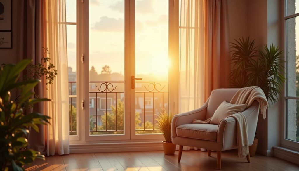 Golden sunset illuminating a minimalist living room with treated glass