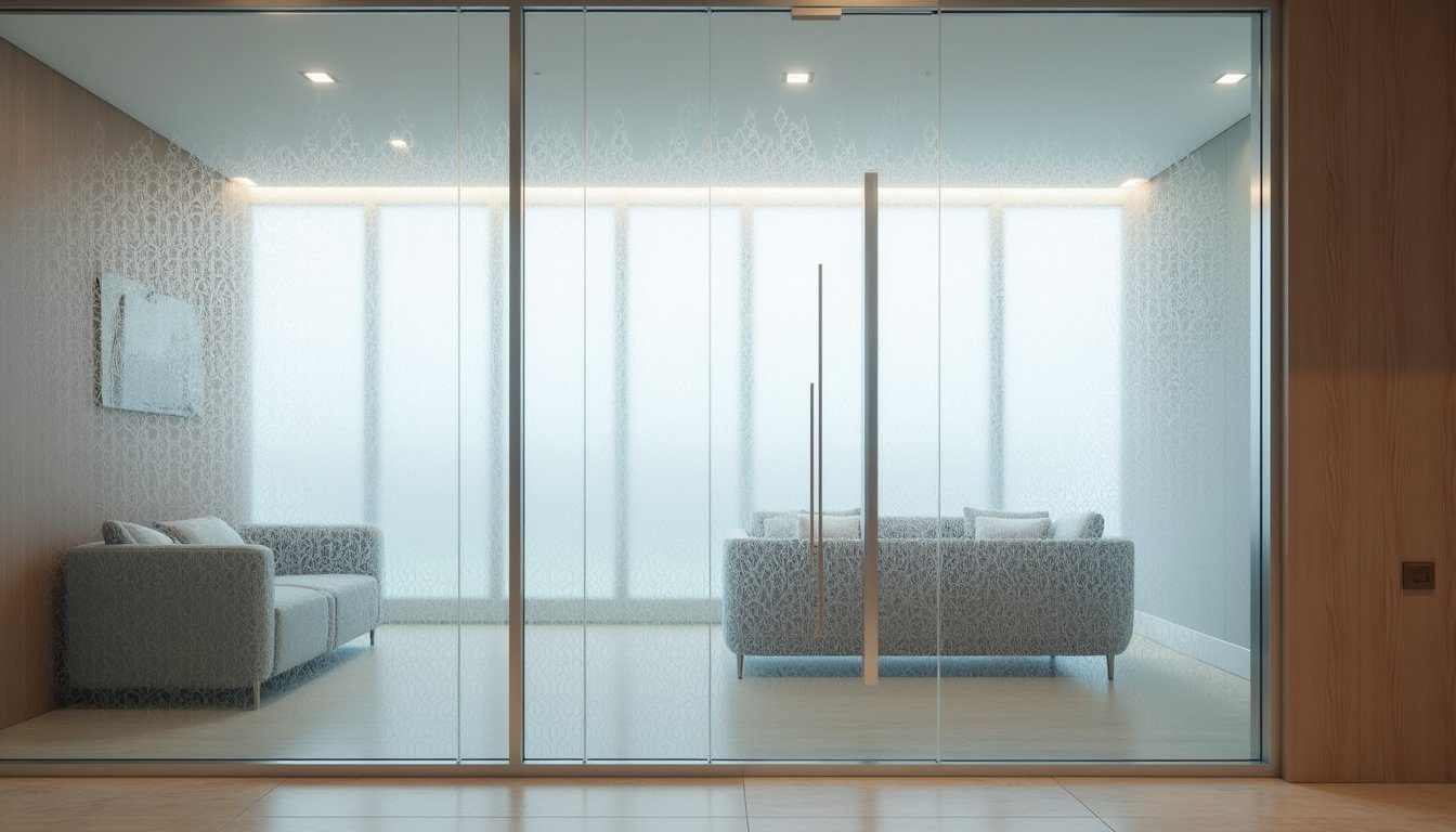 Luxury living space with patterned frosted glass room divider