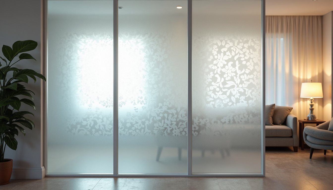 Refined office environment with etched-style frosted glass partition