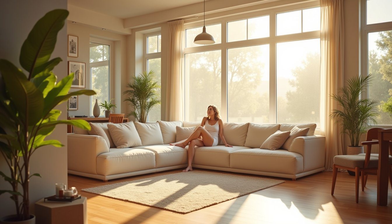 Woman relaxing in sunlit living room with energy-efficient heat control film-Heat Control Film in Yaletown