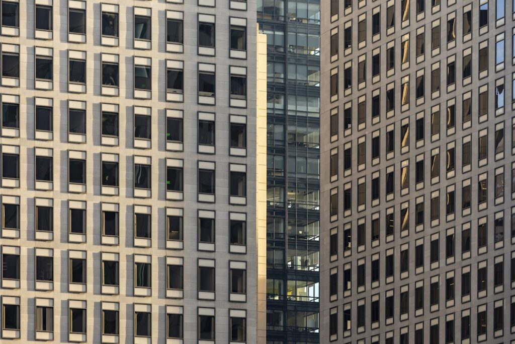 Modern commercial office buildings with glass window panels in Richmond BC