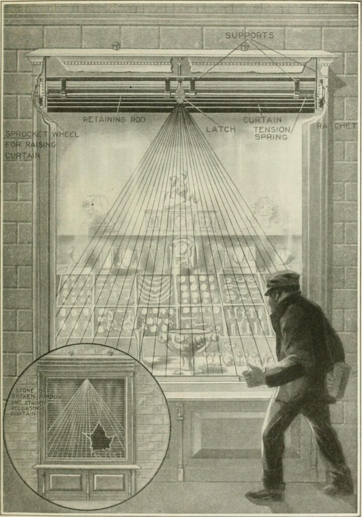 Historical 1872 illustration of a burglar-proof store window — the same principle behind modern security window film for glass doors in BC